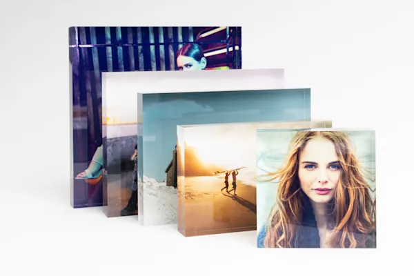 PDP | Acrylic Block with Box | Images Text Section > Format | Media #1 several acrylic photo block in different formats.