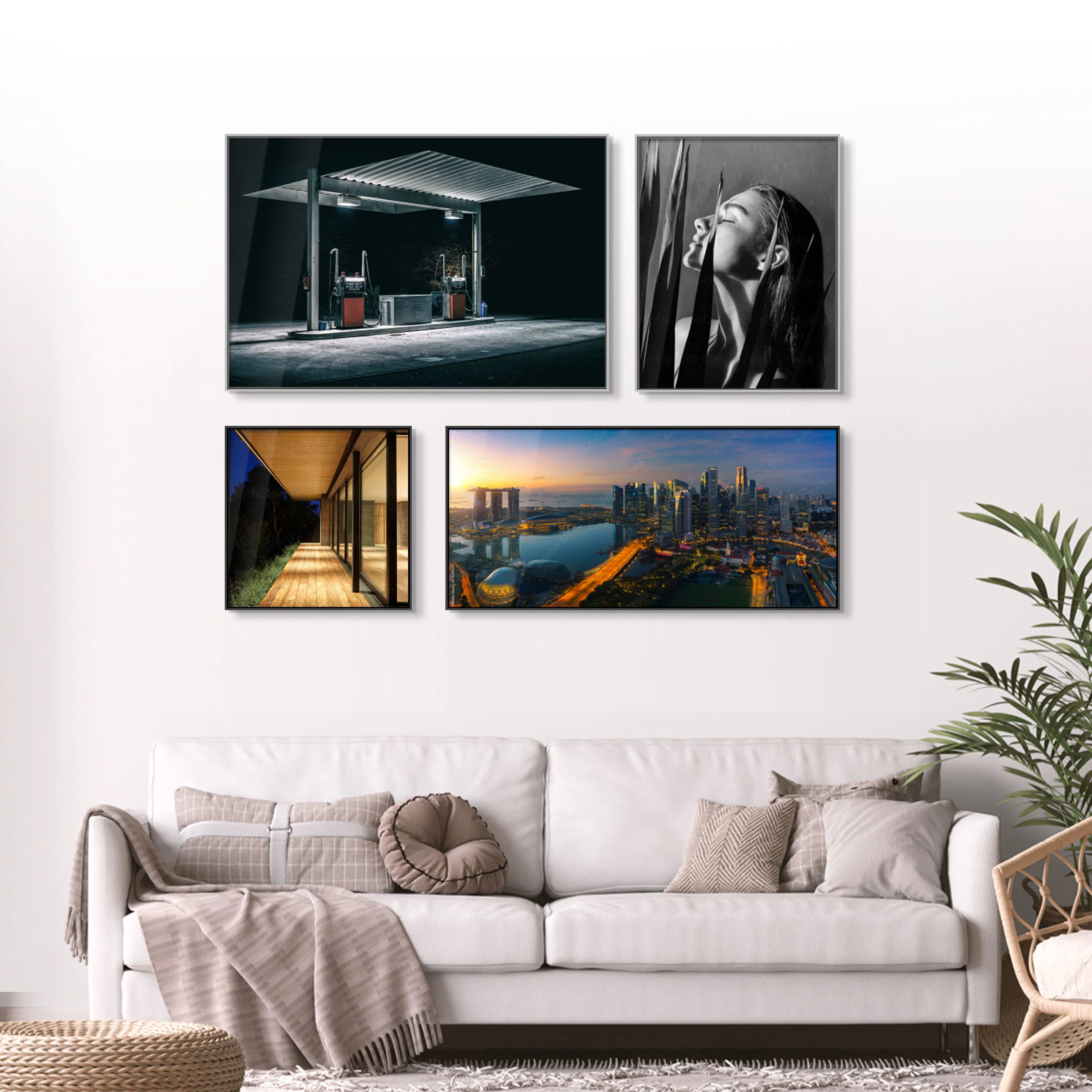 Several different motifs framed in an Aluminium ArtBox on a wall in a living room.