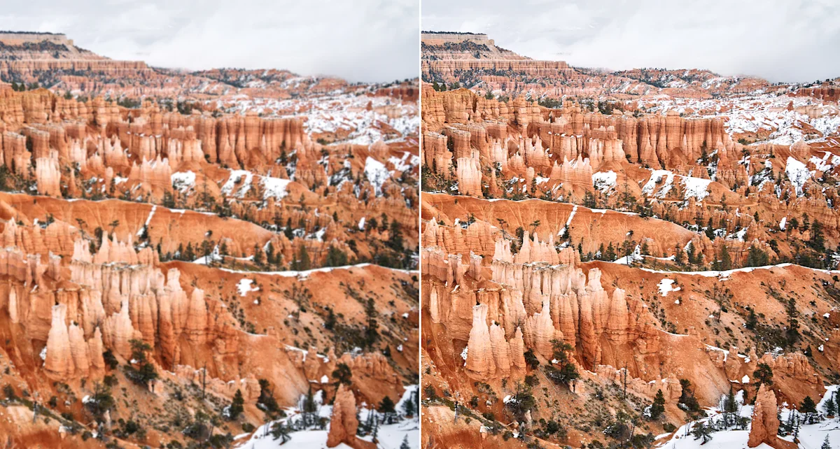 WhiteWall ultraHD comparison image mountains (Desktop) Snow-dusted orange hoodoos and rock formations at Bryce Canyon National Park, with scattered evergreen trees among the cliffs. Split image. Left without WhiteWall ultraHD, right with WhiteWall ultraHD.