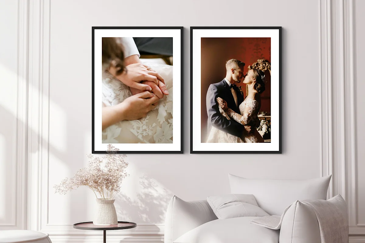 SEA | CDP | Wedding | Big Picture Slider | Product Selection | Slide Wall Art Framed | Image two framed wall art prints with wedding motifs on it.