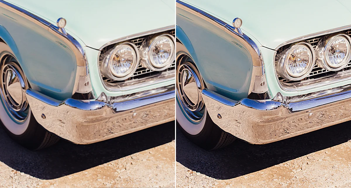 WhiteWall ultraHD comparison image vintage car (Desktop) Close-up view of a vintage car's front end showing chrome bumper, dual headlights, and mint green paint in bright sunlight. Split image. Left without WhiteWall ultraHD, right with WhiteWall ultraHD.
