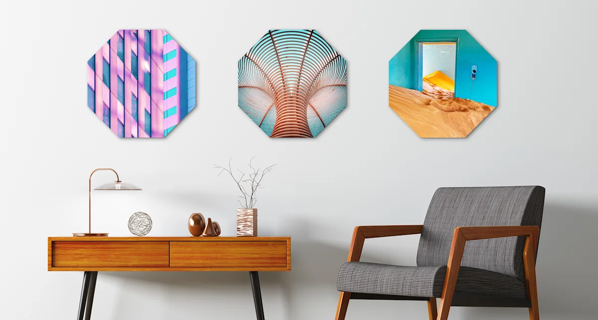 PDP | Round Format & Shapes | Big Picture Slider Section > Octagon | Slide #2 | Media #1 3 different motifs in Octagon format hang on a wall.