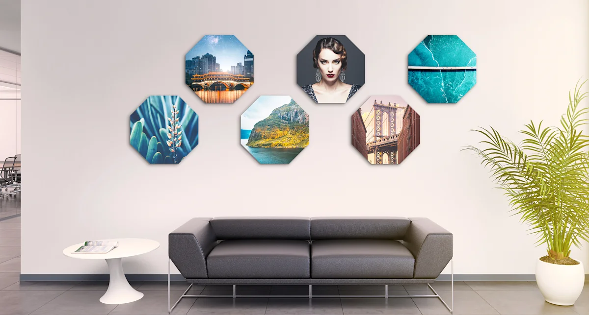 PDP | Round Format & Shapes | Big Picture Slider Section > Octagon | Slide #3 | Media #1 6 different motifs in Octagon format hang on a wall in an office building.