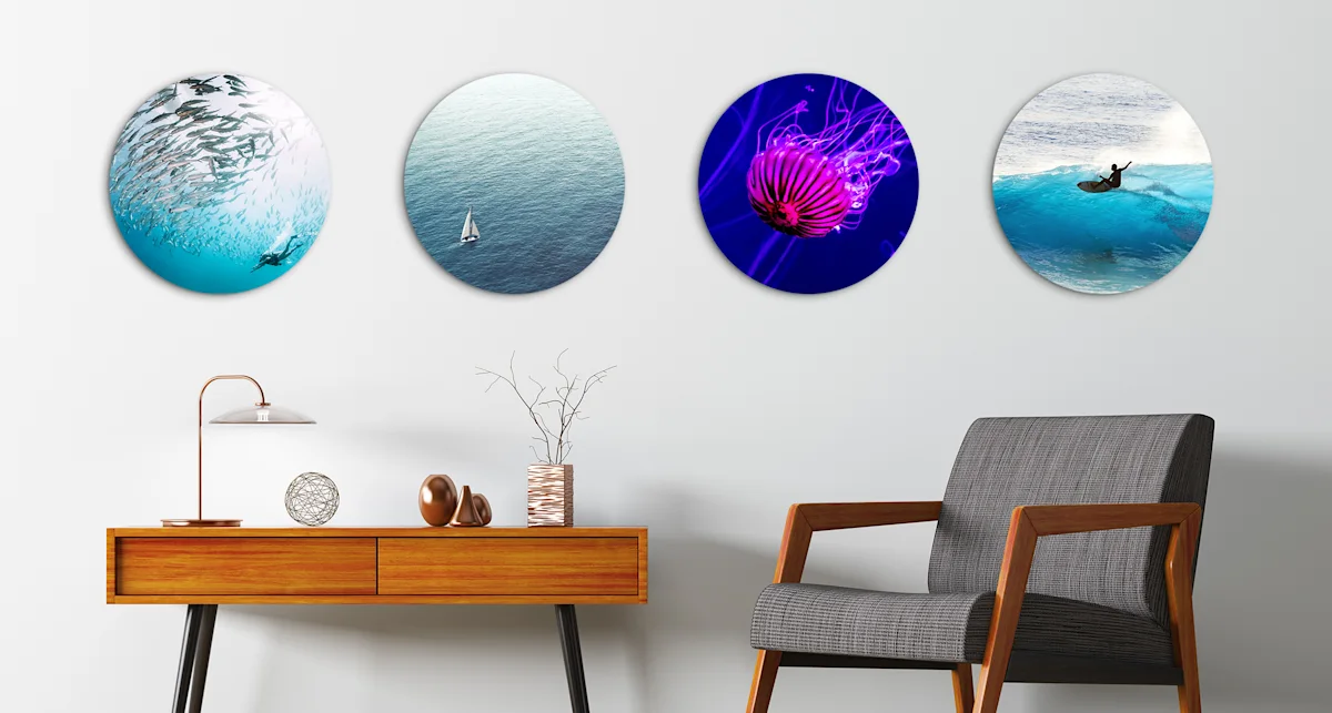 PDP | Round Format & Shapes | Big Picture Slider Section > Round Photo > Slide #3 | Media #1 4 different round pictures with maritime motifs are hung next to each other on a wall.