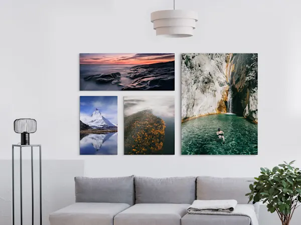 PDP | Original Photo Print Under Acrylic Glass | Images Text Section Several landscape photos on a wall as original photo print under acrylic glass.