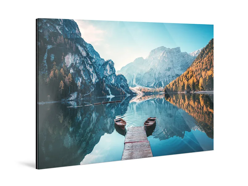 PDP | Product Selector Section | Original Photo Print Under Acrylic Glass | #1 Jetty with two adjacent boats in a reflecting mountain lake as original photo print under acrylic glass.