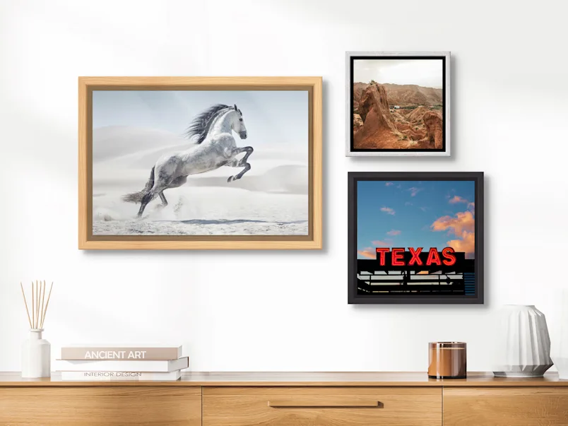 PDP | Floater Frame | Product Selector Section | Media #3 Three images framed in a Floater Frame on a wall in a living room.