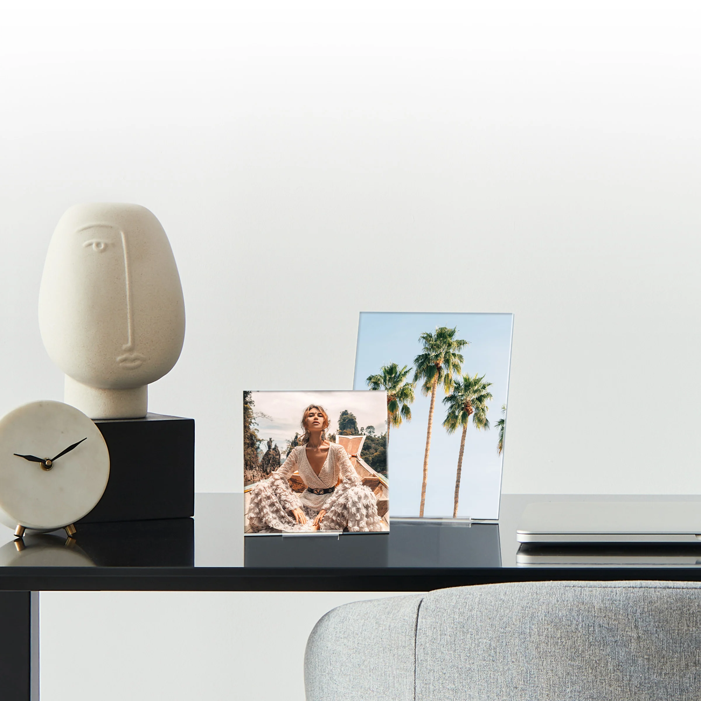 Acrylic glass stand on a decorated desk.