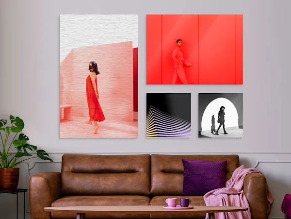 PDP | HD Metal Print | Images Text Section > Format | Media #1 Several different motifs on an HD Metal Print hang on a wall in a living room.