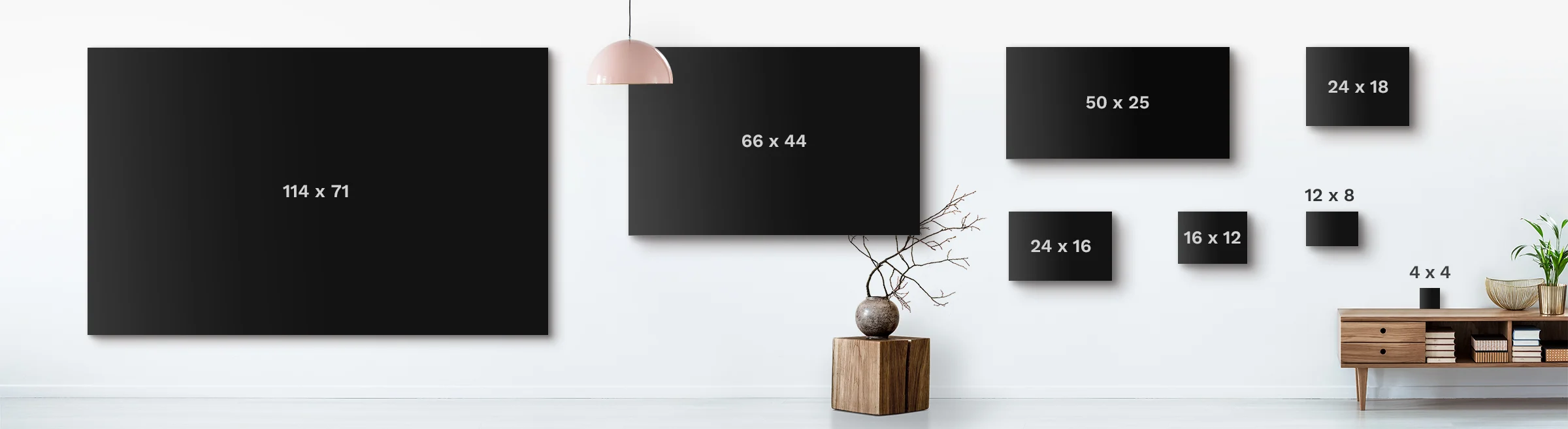Size comparison graphic of several acrylic print formats on the wall.