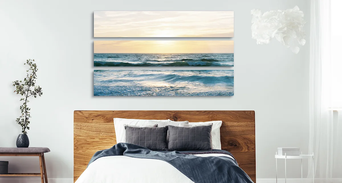 PDP | Multi Panel Wall Art | Big Picture Slider Section > Triptych | Slide #3 | Media #1 Waves on the open sea. The whole picture is divided into three parts that hang vertically on the wall.