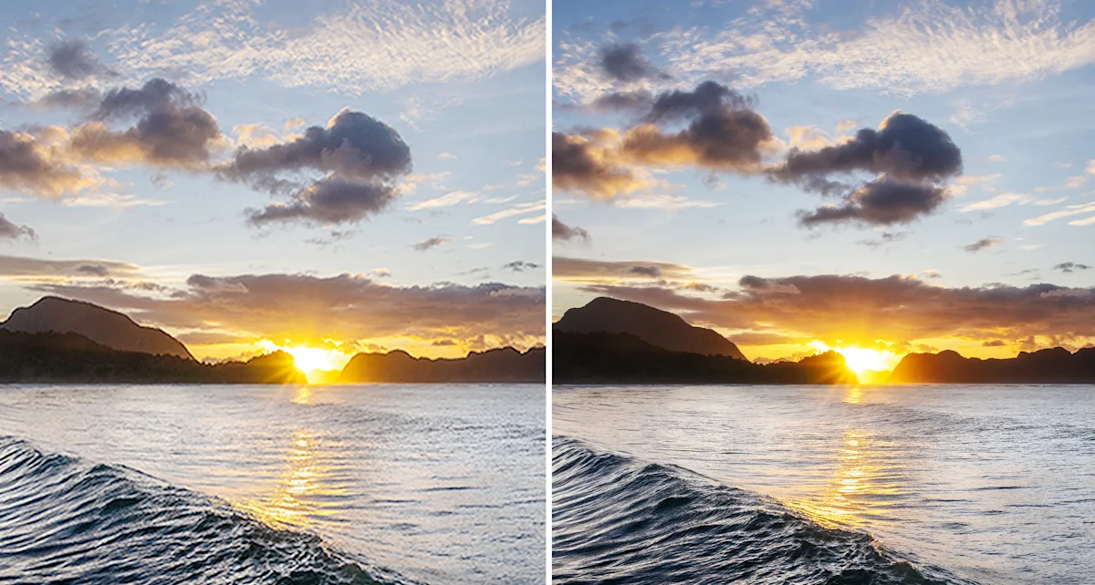 WhiteWall SuperResolution comparison image sunset (Desktop) Golden sunset over ocean waves with silhouetted mountains and dramatic clouds in the background, creating a glowing reflection on water. Split image. Left without WhiteWall SuperResolution, right with WhiteWall SuperResolution.