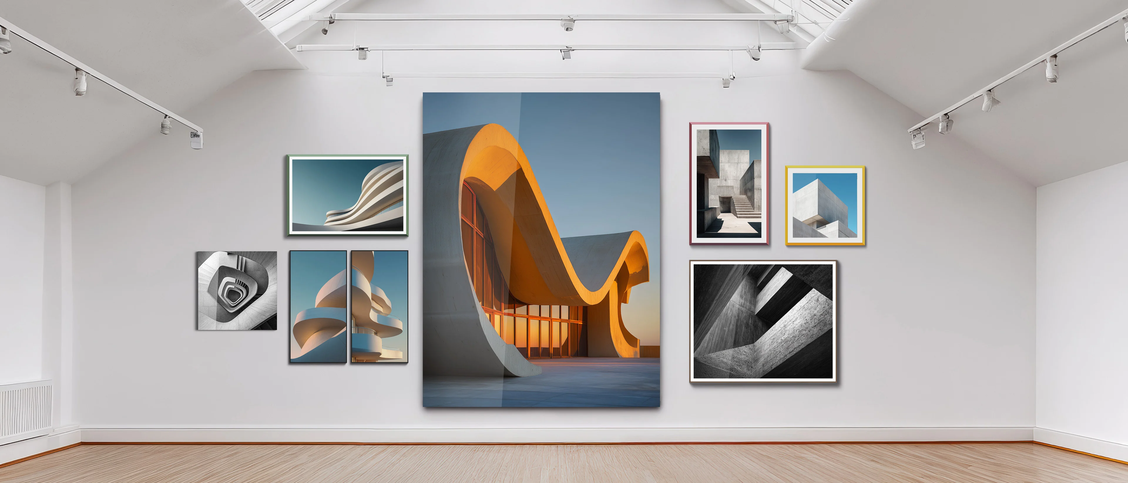 Gallery wall displaying architectural photographs and artwork, featuring abstract geometric shapes in orange and blue tones with black and white images